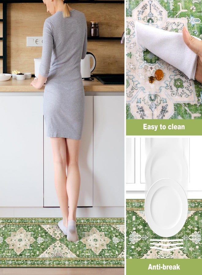 Yamaziot Boho Washable Kitchen Rugs Sets of 3, Non Slip Kitchen Mats for Floor with Rubber Backing, Waterproof & Stain Resistant Thick Carpet Runner Throw Rug for Kitchen, Laundry Room, Hallway, Green - Image 4