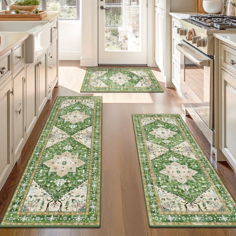 Yamaziot Boho Washable Kitchen Rugs Sets of 3, Non Slip Kitchen Mats for Floor with Rubber Backing, Waterproof & Stain Resistant Thick Carpet Runner Throw Rug for Kitchen, Laundry Room, Hallway, Green - Image 1