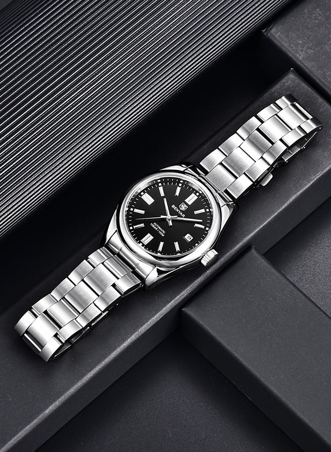 BENYAR Men's Automatic Watch Stainless Steel Strap Waterproof Luminous Casual Business Sport Analogue Self-Winding Wristwatch Date,Black  - Image 2
