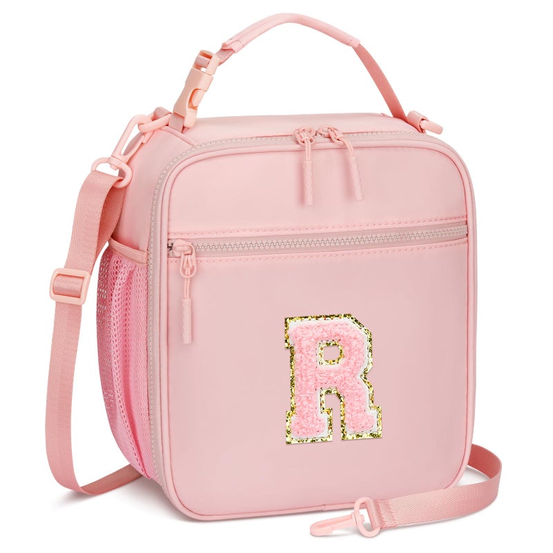 CLOUDWINGS Initial Insulated Lunch Bag for Girls Kids Back to School Gift Reusable Leakproof Lunch Box with Adjustable Strap for School Daycare Travel Picnic PinkR