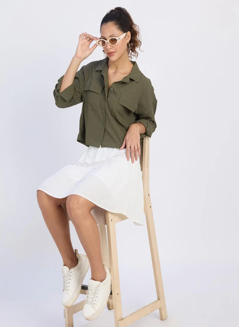 PINACOLADA Women's Army Green Seersucker Utility Shirt For Casual Wear | Cuban Collar | Long Sleeves | Button Closure | Shirt Designed With Comfortable Fit For Woman & Girls