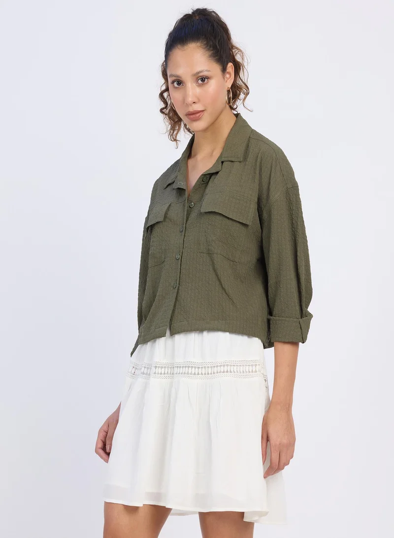 PINACOLADA Women's Army Green Seersucker Utility Shirt For Casual Wear | Cuban Collar | Long Sleeves | Button Closure | Shirt Designed With Comfortable Fit For Woman & Girls