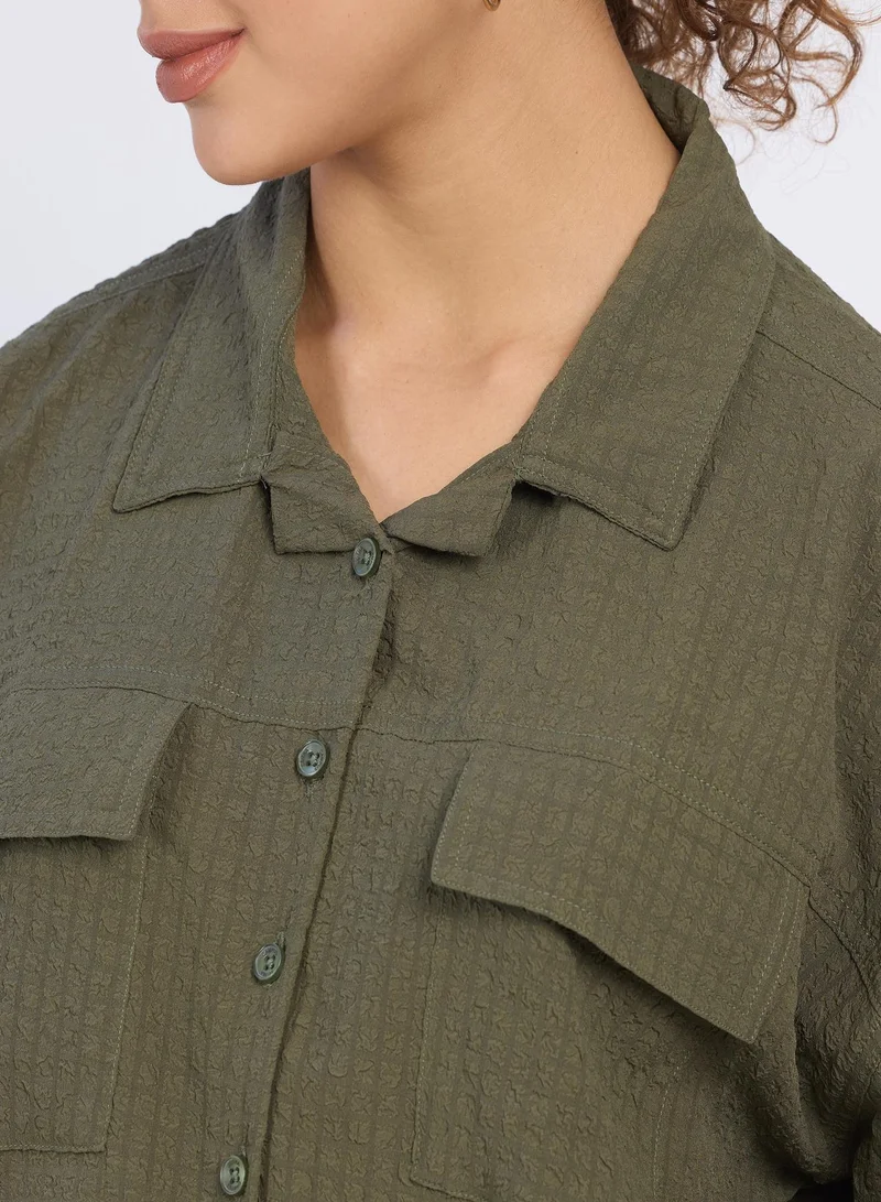 PINACOLADA Women's Army Green Seersucker Utility Shirt For Casual Wear | Cuban Collar | Long Sleeves | Button Closure | Shirt Designed With Comfortable Fit For Woman & Girls