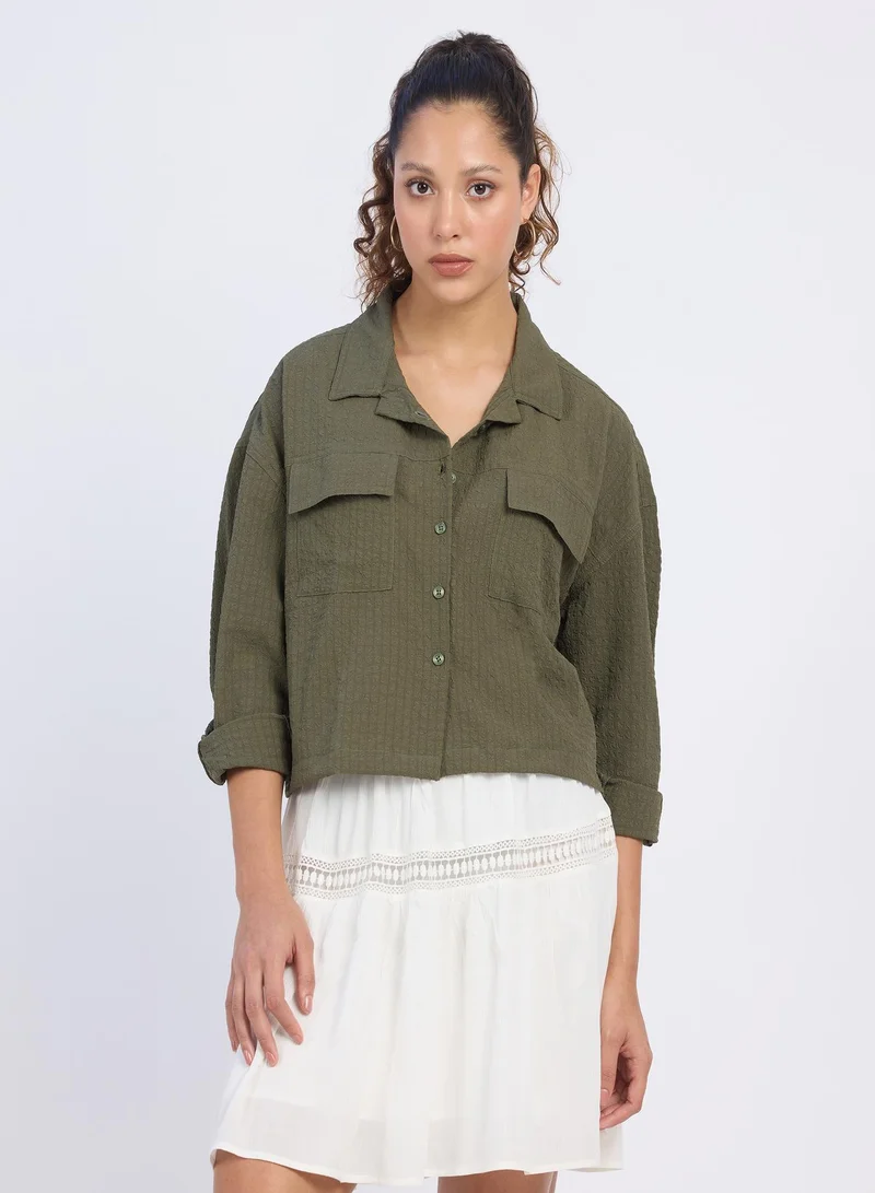 بينيا كولادا Women's Army Green Seersucker Utility Shirt For Casual Wear | Cuban Collar | Long Sleeves | Button Closure | Shirt Designed With Comfortable Fit For Woman & Girls