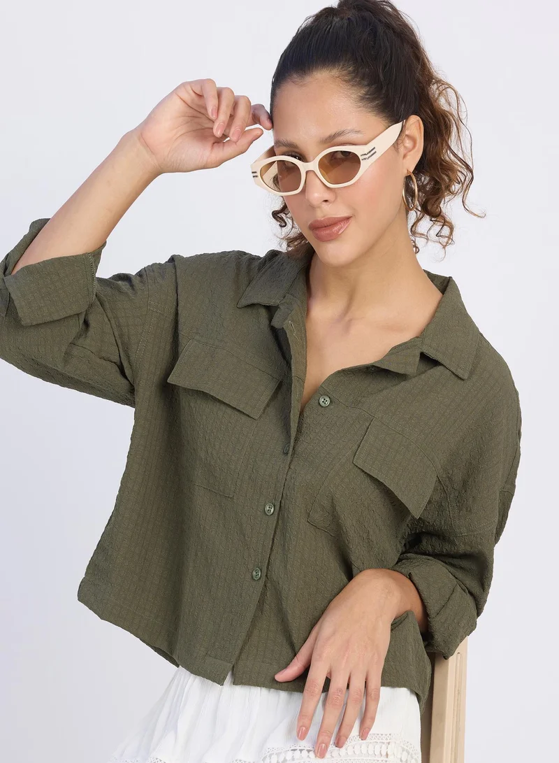 بينيا كولادا Women's Army Green Seersucker Utility Shirt For Casual Wear | Cuban Collar | Long Sleeves | Button Closure | Shirt Designed With Comfortable Fit For Woman & Girls