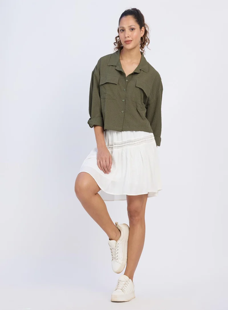 PINACOLADA Women's Army Green Seersucker Utility Shirt For Casual Wear | Cuban Collar | Long Sleeves | Button Closure | Shirt Designed With Comfortable Fit For Woman & Girls
