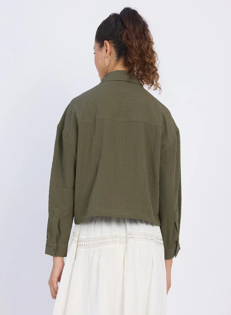 PINACOLADA Women's Army Green Seersucker Utility Shirt For Casual Wear | Cuban Collar | Long Sleeves | Button Closure | Shirt Designed With Comfortable Fit For Woman & Girls