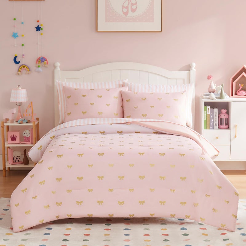 Wink Deer Full Size Comforter Sets with Sheets for Girls7 Pieces Full Size Bedding Sets with Pink Comforter Sheets Pillowcases  Shams for Kids Pink Gold Bow 76 X 86