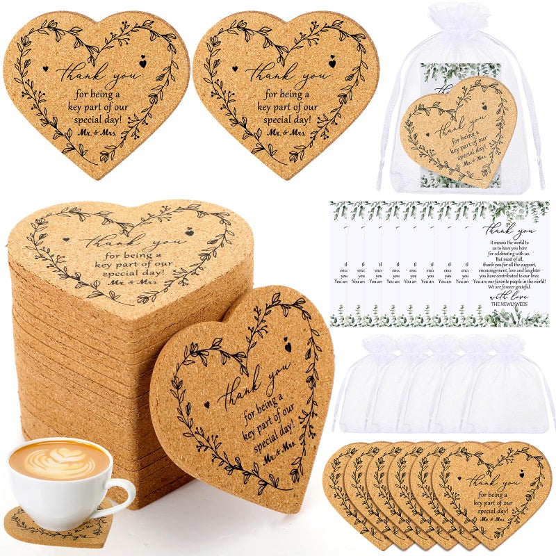 Uiifan 50 مجموعة هدايا الزفاف للضيوف هدايا تحت الأكواب بالجملة السيد والسيدة قلب تحت الأكواب هدايا القلب بطاقات شكر وأكياس أورجانزا تذكارات الضيوف لحفلة الزفاف هدايا العروس