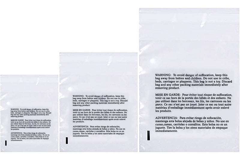 Poly Bags with Suffocation Warning 9x12", 11x14", 14x20" - Large Combo Pack of 300 (100 each size) - Clear Poly Bags by Retail Supply Co - Resealable