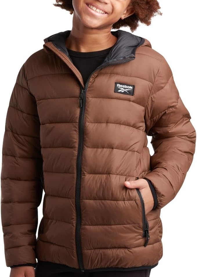 Reebok Boys Winter Coat - Lightweight Insulated Puffer Jacket - Wind & Water Resistant Quilted Hooded Winter Jacket for Boys, Size 10-12, Timber - Image 1