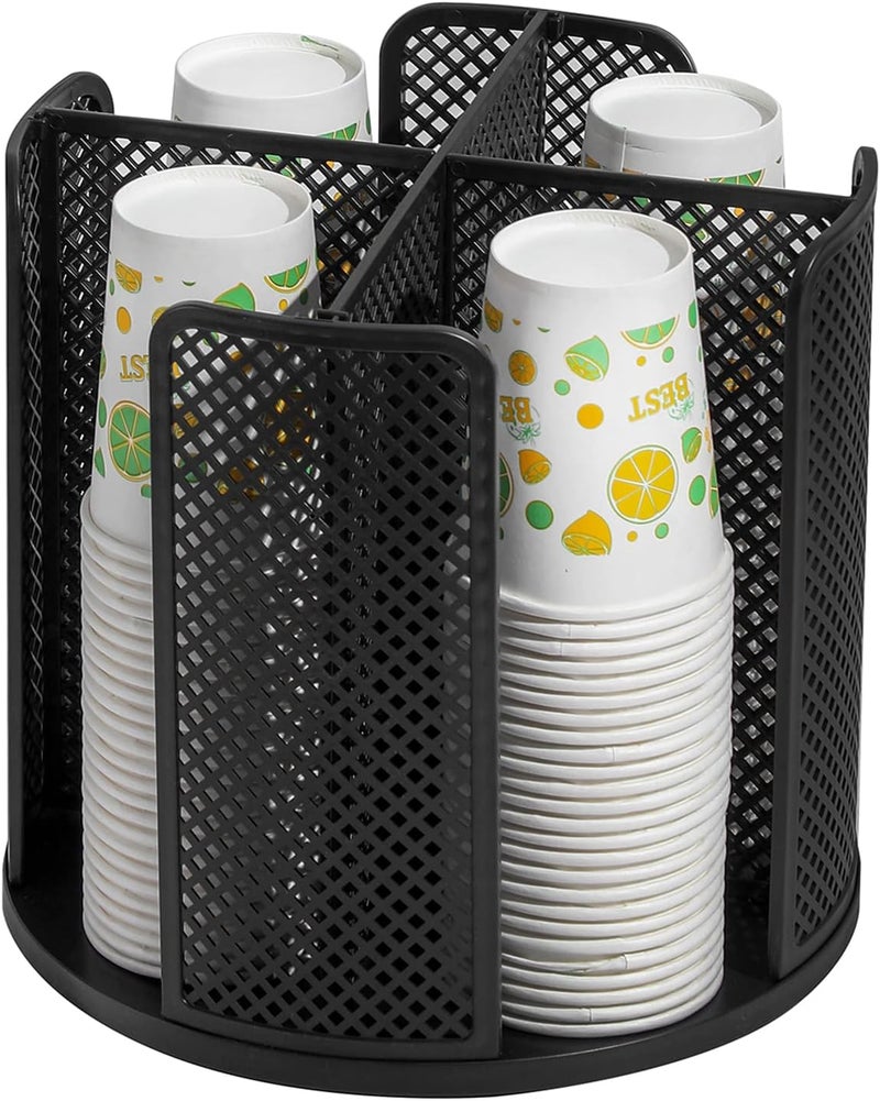Heagoale Black Plastic Cup Storage Organizer - 4 Mesh Compartments, Rotatable Design, Countertop, Bedroom, Office, Bathroom, Kitchen - Image 1