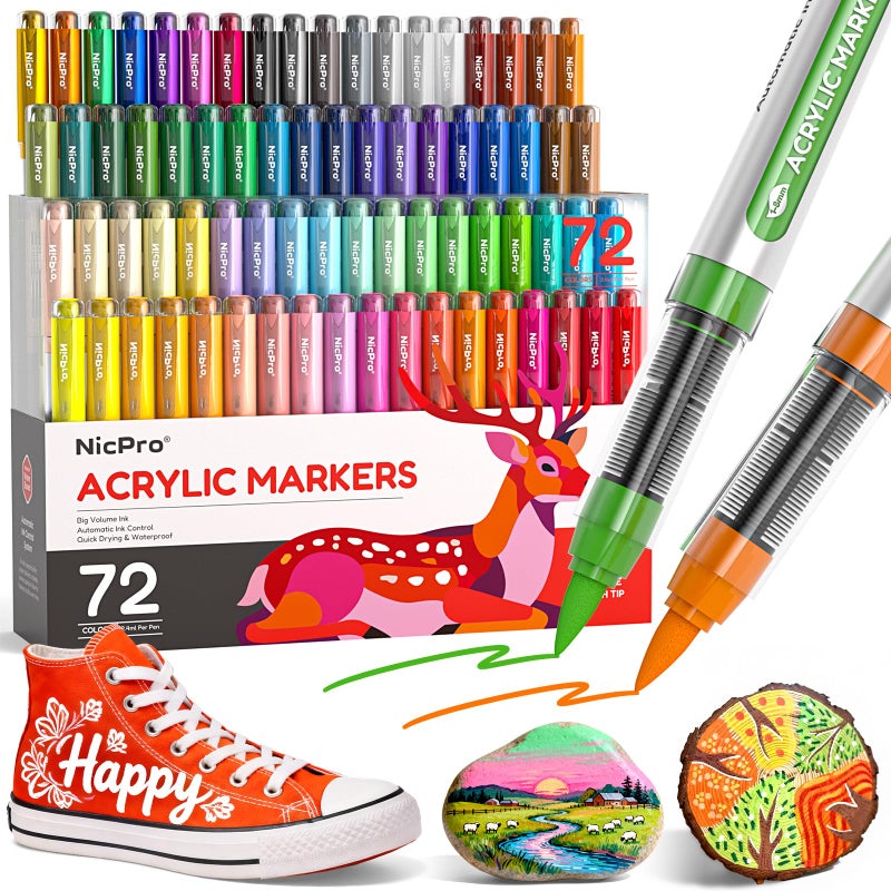 Nicpro 72 Colors Acrylic Paint Markers Brush Tip, Water-Based No-Bleed Paint Markers with Automatic Ink Control, Waterproof Acrylic Paint Pens for DIY Art & Crafts - Rock, Wood, Glass, Ceramic, Fabric - Image 1