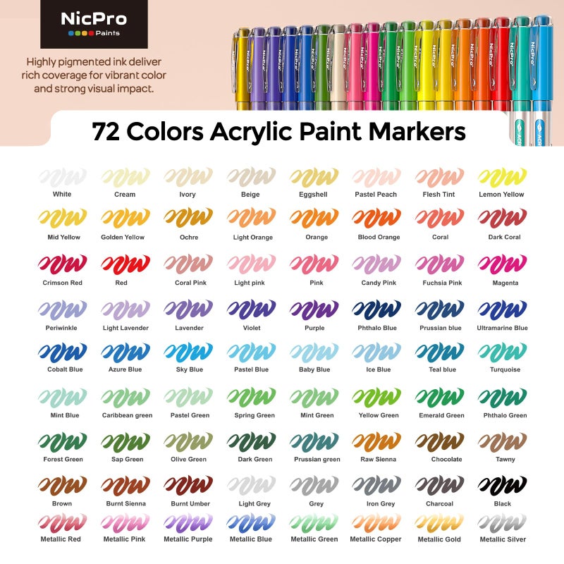 Nicpro 72 Colors Acrylic Paint Markers Brush Tip, Water-Based No-Bleed Paint Markers with Automatic Ink Control, Waterproof Acrylic Paint Pens for DIY Art & Crafts - Rock, Wood, Glass, Ceramic, Fabric - Image 2