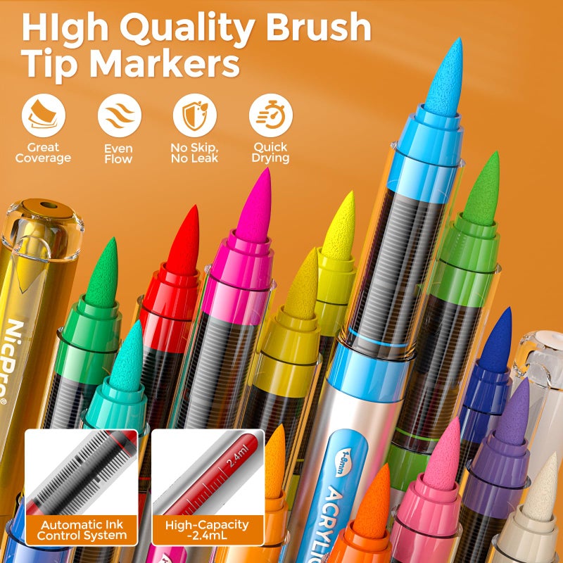 Nicpro 72 Colors Acrylic Paint Markers Brush Tip, Water-Based No-Bleed Paint Markers with Automatic Ink Control, Waterproof Acrylic Paint Pens for DIY Art & Crafts - Rock, Wood, Glass, Ceramic, Fabric - Image 3