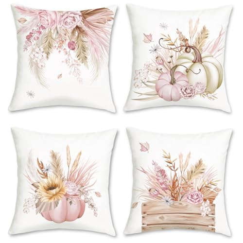 Bonhause Pink Pumpkin Fall Throw Pillow Covers 18 x 18 Inch Autumn Floral Leaves Thanksgiving Decorative Pillow Cases for Couch Sofa Bed Home Fall Decor Set of 4 - Image 1