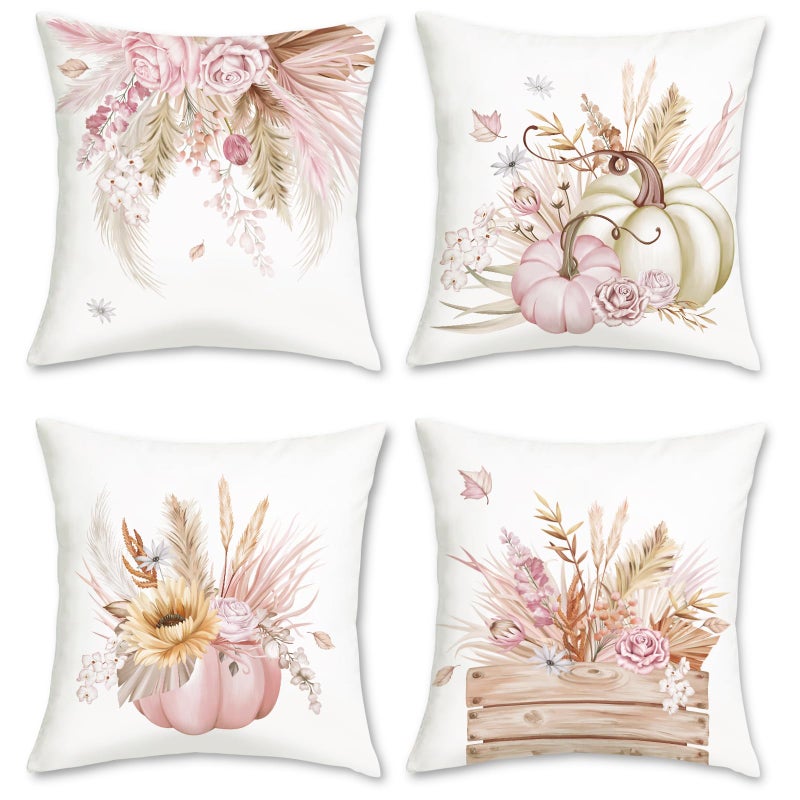 Bonhause Pink Pumpkin Fall Throw Pillow Covers 18 x 18 Inch Autumn Floral Leaves Thanksgiving Decorative Pillow Cases for Couch Sofa Bed Home Fall Decor Set of 4 - Image 2