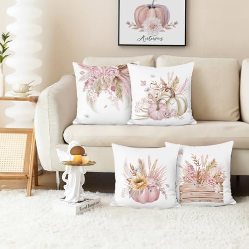 Bonhause Pink Pumpkin Fall Throw Pillow Covers 18 x 18 Inch Autumn Floral Leaves Thanksgiving Decorative Pillow Cases for Couch Sofa Bed Home Fall Decor Set of 4 - Image 3