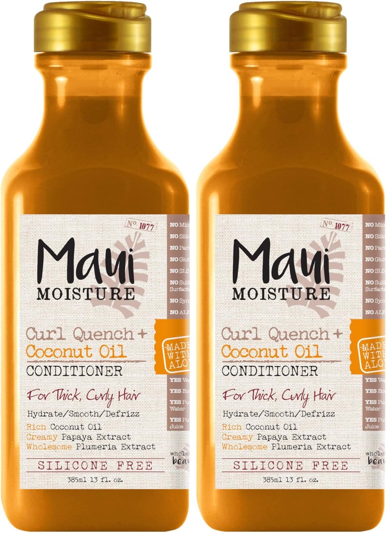 MAUI MOISTURE بلسم ماوي مويستشر كيرل كوينش + زيت جوز الهند لتعريف التجاعيد ومكافحة التجاعيد لترطيب وفك تشابك الشعر المجعد الضيق، بلسم مريح، نباتي، خالي من السيليكون والبارابين، 13 أونصة سائلة (عبوة من 2)  - Image 1