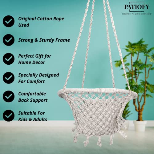 Patiofy أرجوحة قطنية دائرية من باتيوفي للبالغين والأطفال || أرجوحة معلقة للشرفة، داخلية وخارجية || سعة تصل إلى 120 كجم || أرجوحة منزلية مصنوعة يدويًا || كرسي أرجوحة خشبي (أبيض) - Image 4