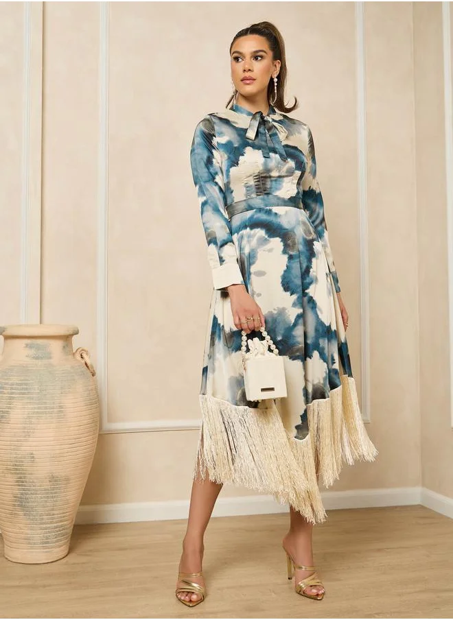 ستايلي Print Long Sleeves Shirt Midi Dress with Fringe Hem