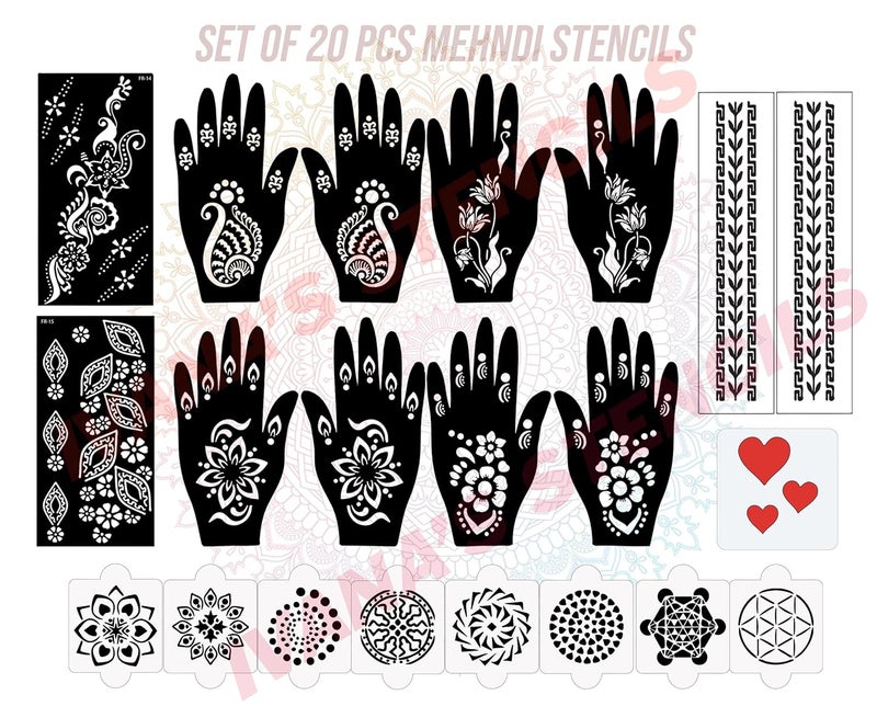 ivana's Ivanas Set of 20 Pcs Combo Pack Reusable Mehandi Design Sticker Stencils for Both Hand  Mehendi Stencil for Full Hand  Quick and Easy to Use for Girls Women Kids  Teen D2202 - Image 1