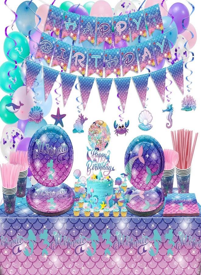 PTECDROTS 278PCS Mermaid Birthday Decorations - Includes Mermaid Birthday Banner, Balloons, Plates, Cake Topper, Hang Swirl, Stickers for Girls Kids Princess Party Supplies - Image 1