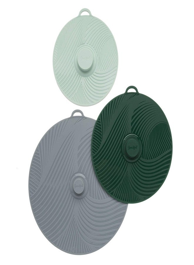 Goodful Universal Silicone Lids for Pots and Pans, Heat Safe, Reusable Suction Seal Covers for Bowls, Pots, Cups- Food Grade, Dishwasher Safe, 3 Piece, Gray, Green and Sage - Image 1