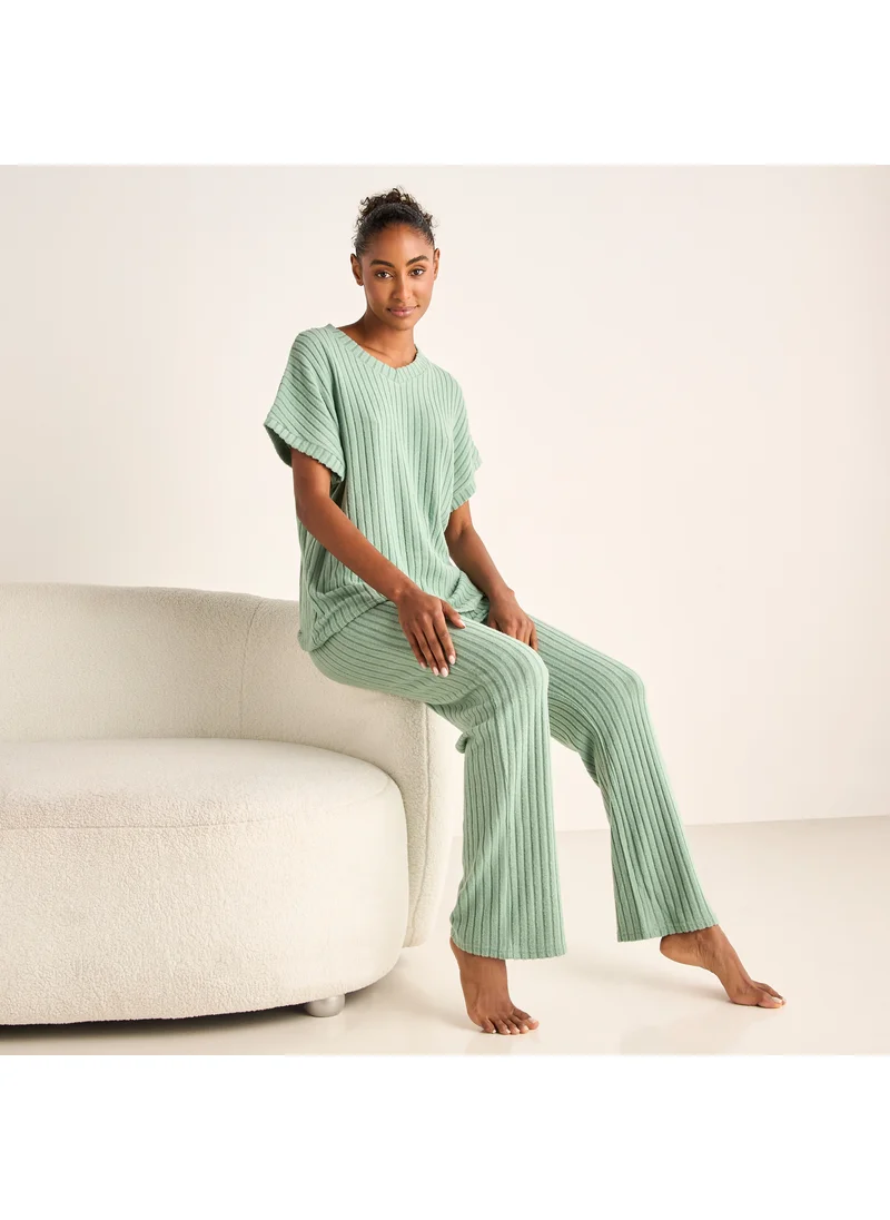 فاف Ribbed V-neck Top and Elasticated Pyjama Set