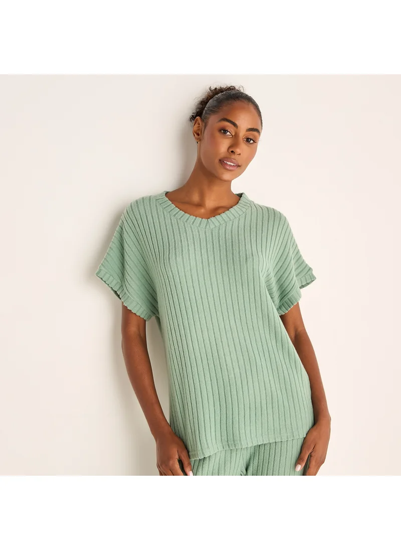 فاف Ribbed V-neck Top and Elasticated Pyjama Set