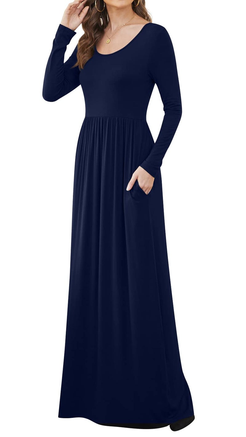 DB MOON Women Plus Size Casual Long Sleeve Navy Blue Maxi Dresses Empire Waist Long Dress with Pocket XL - Image 4