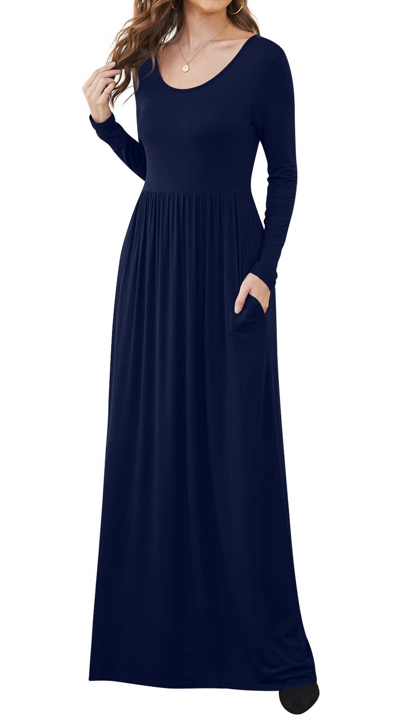 DB MOON Women Plus Size Casual Long Sleeve Navy Blue Maxi Dresses Empire Waist Long Dress with Pocket XL - Image 2