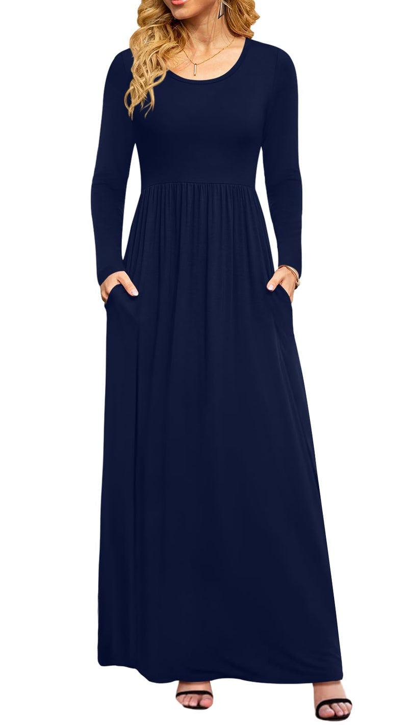 DB MOON Women Plus Size Casual Long Sleeve Navy Blue Maxi Dresses Empire Waist Long Dress with Pocket XL - Image 1