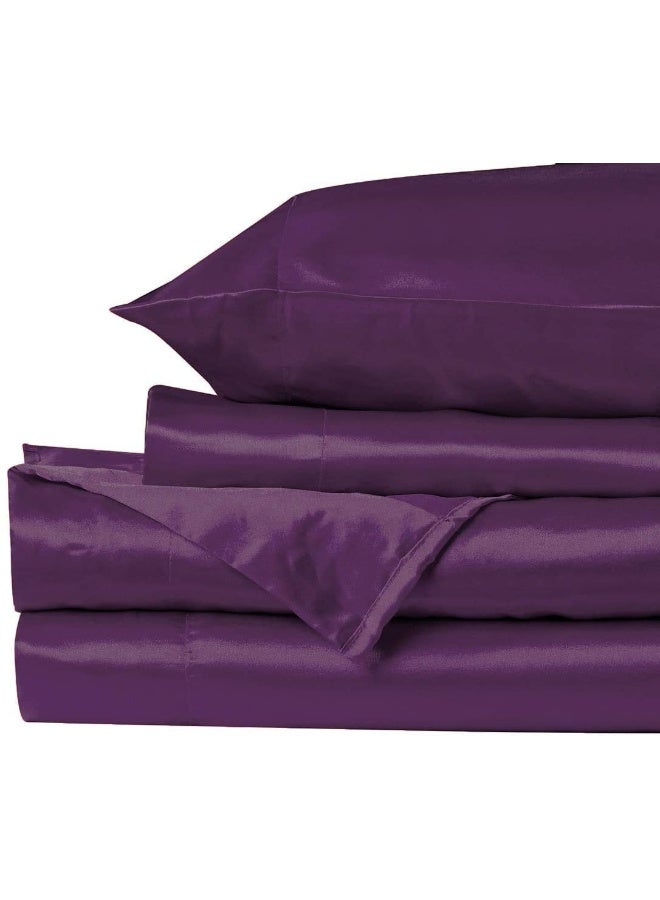 MK Home Mk Collection 4pc Queen Soft Silky Satin Solid Purple Deep Pocket Sheet Set New - Image 2