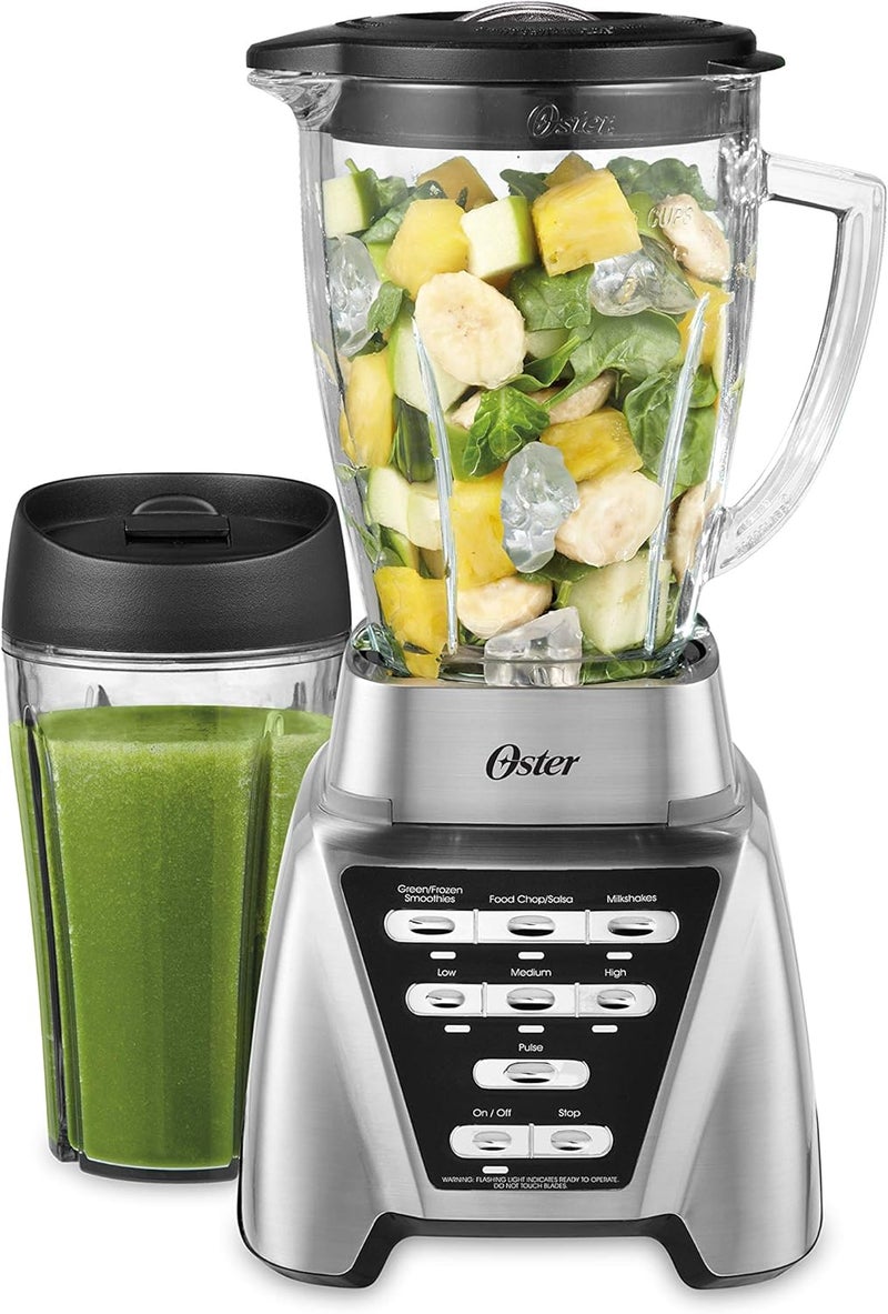 Oster Pro 1200 Smoothie Blender with Glass Jar & 24oz To-Go Cup, Countertop Kitchen Blender with 7 Speeds, 1200W Power, Brushed Nickel - Image 1