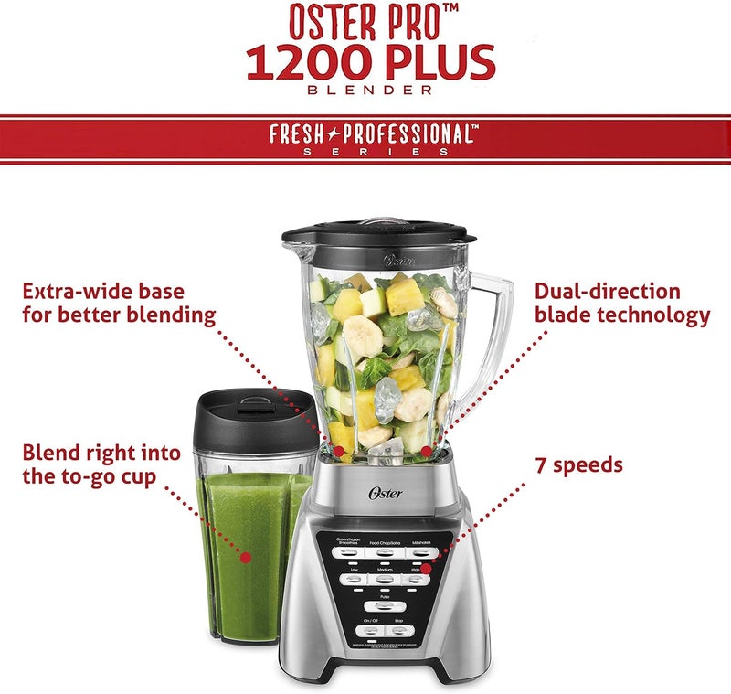 Oster Pro 1200 Smoothie Blender with Glass Jar & 24oz To-Go Cup, Countertop Kitchen Blender with 7 Speeds, 1200W Power, Brushed Nickel - Image 3