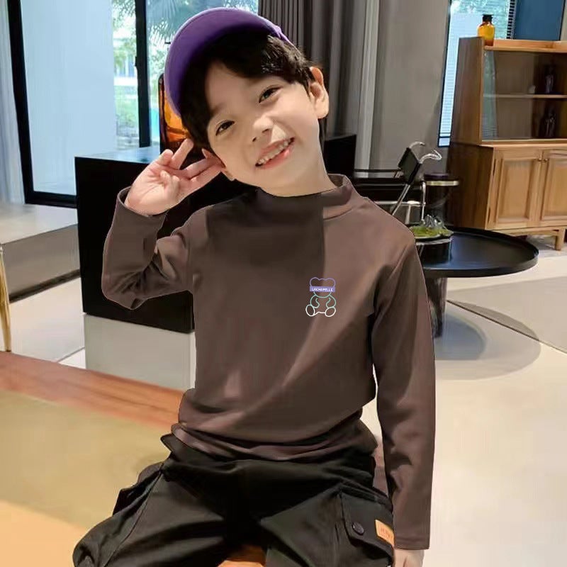 Children'S Base Shirt Half High Collar Boys' Warm Inner Long Sleeve T-Shirt Double-Sided T-Shirt - Image 1