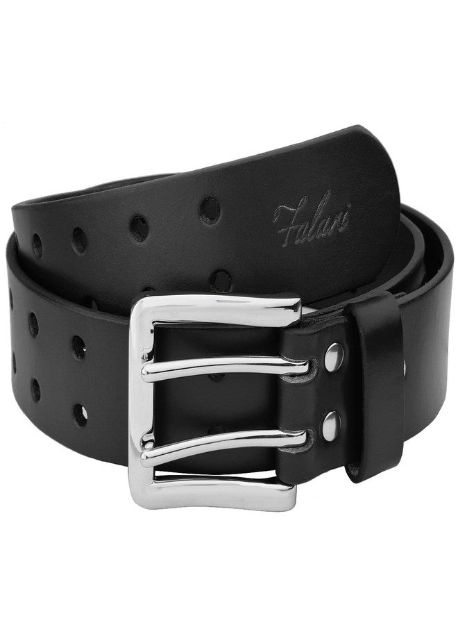 Falari Men's Full Grain Leather Double Prong Belt Double Hole Belt (Black, L (38-40)) - Image 1