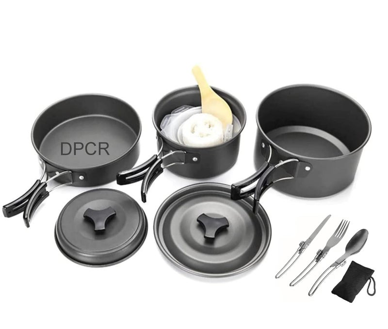 DPCR Portable Camping Cookware Mess Kit with Spoon Set, Lightweight Hiking Cookware Set with Spoon, Nonstick Aluminum Cooking Kit,Outdoor Pot Pan Kettle Mess Kit with Bowls, Spoon (3-4 Person) - Image 1