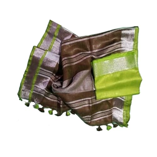 SheenKraft Women`s Bhagalpuri Blend Linen saree with Contrast Blouse Piece_Free Size (Variation 10168-180) (Beaver_Brown-Parrot_Green) - Image 1