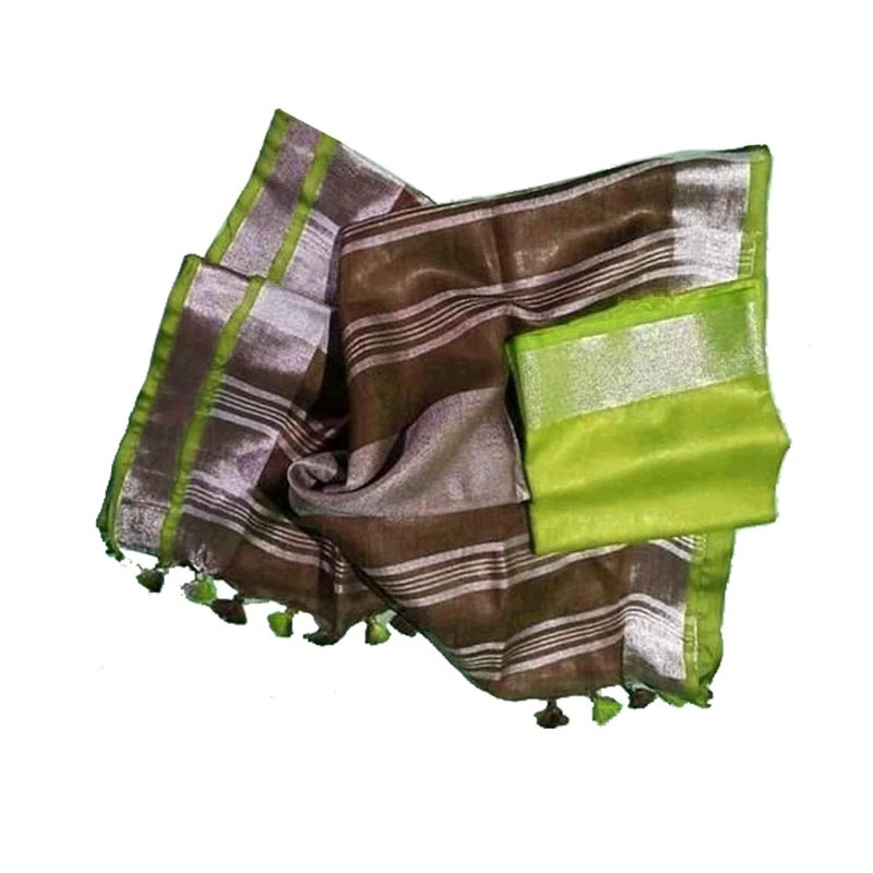 SheenKraft Women`s Bhagalpuri Blend Linen saree with Contrast Blouse Piece_Free Size (Variation 10168-180) (Beaver_Brown-Parrot_Green) - Image 3