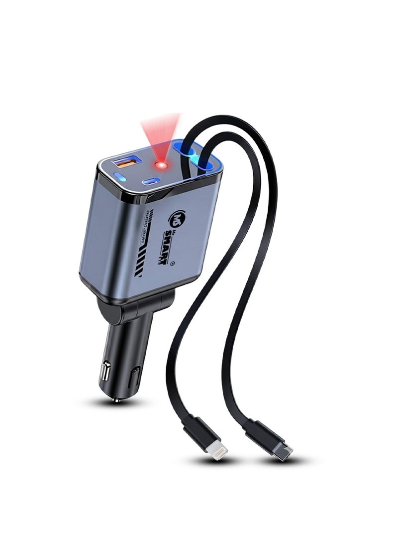 مستر سمارت شاحن سيارة فائق السرعة من Mr.Smart، محول USB عالمي بأربعة منافذ مع كابلات مزدوجة قابلة للسحب، إضاءة محيطة على شكل نجمة، رمادي وأسود، شحن أجهزة متعددة - Image 1