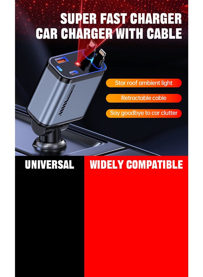 مستر سمارت شاحن سيارة فائق السرعة من Mr.Smart، محول USB عالمي بأربعة منافذ مع كابلات مزدوجة قابلة للسحب، إضاءة محيطة على شكل نجمة، رمادي وأسود، شحن أجهزة متعددة - Image 2