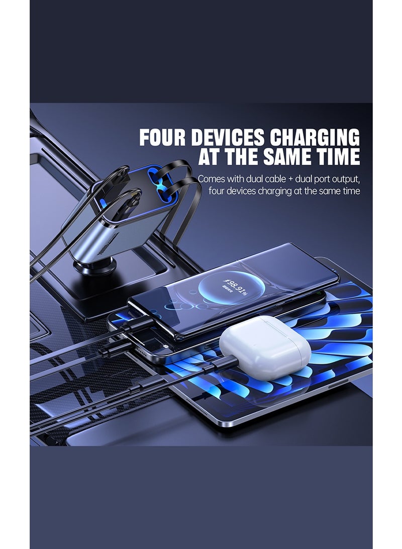 مستر سمارت شاحن سيارة فائق السرعة من Mr.Smart، محول USB عالمي بأربعة منافذ مع كابلات مزدوجة قابلة للسحب، إضاءة محيطة على شكل نجمة، رمادي وأسود، شحن أجهزة متعددة - Image 3