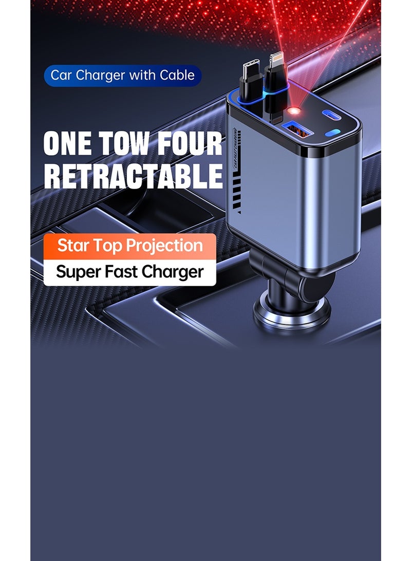 مستر سمارت شاحن سيارة فائق السرعة من Mr.Smart، محول USB عالمي بأربعة منافذ مع كابلات مزدوجة قابلة للسحب، إضاءة محيطة على شكل نجمة، رمادي وأسود، شحن أجهزة متعددة - Image 4
