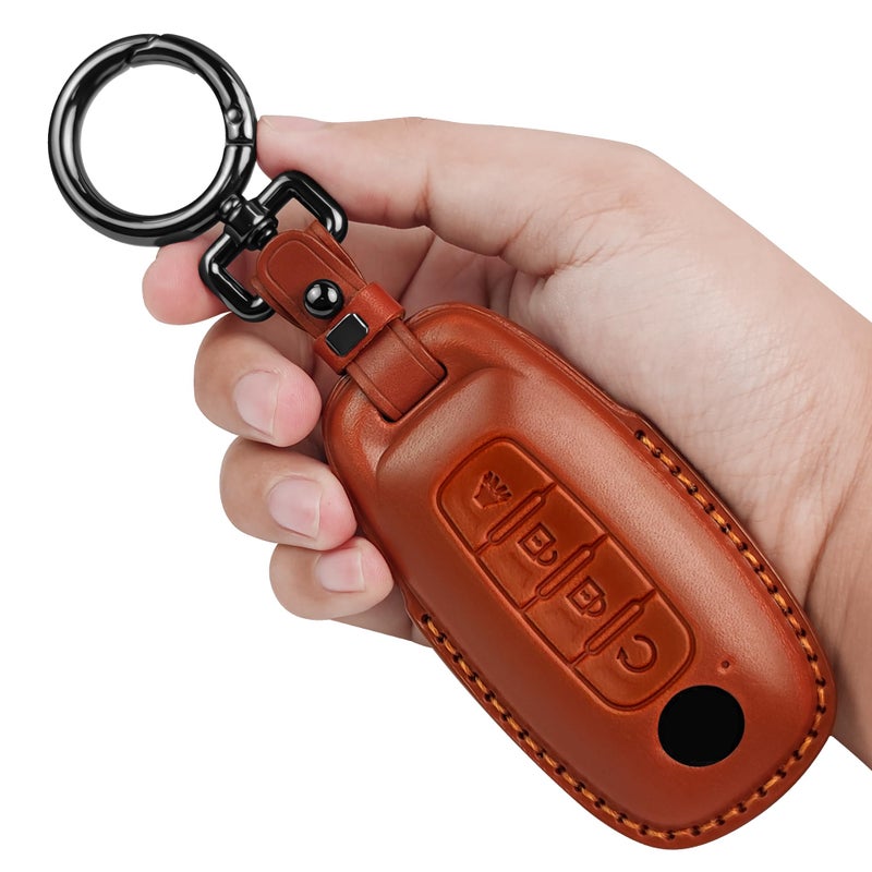 Tukellen for Nissan Key Fob Cover Leather with Keychain Compatible with 2023 2024 2025 Pathfinder Rouge Kicks Smart Remote Brown 4 Buttons