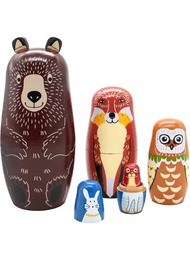 دمى ماتريوشكا روسية متداخلة للأطفال، دمى ماتريوشكا خشبية مصنوعة يدويًا، 5 قطع بنمط حيوانات كرتونية لطيفة، هدية رائعة لأعياد ميلاد البنات والأولاد أو ديكور المنزل - Image 1