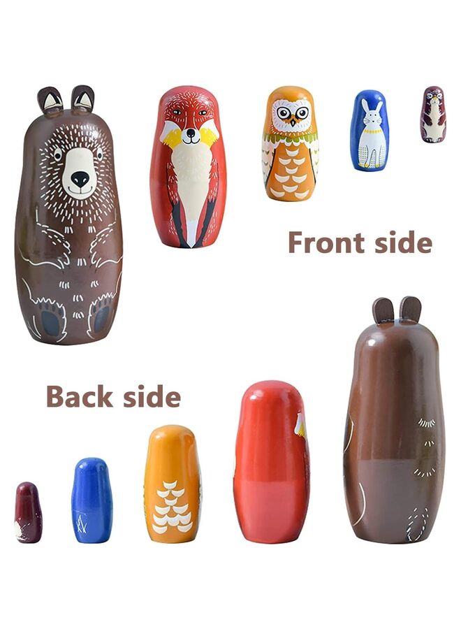 دمى ماتريوشكا روسية متداخلة للأطفال، دمى ماتريوشكا خشبية مصنوعة يدويًا، 5 قطع بنمط حيوانات كرتونية لطيفة، هدية رائعة لأعياد ميلاد البنات والأولاد أو ديكور المنزل - Image 2