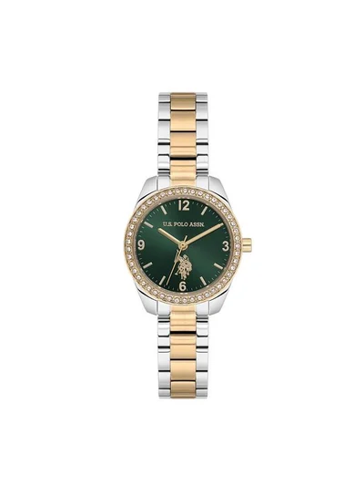 U.S. Polo Assn. Novelties Green Dial Silver Gold Stainless Steel Bracelet Analog Watch for Women 28mm