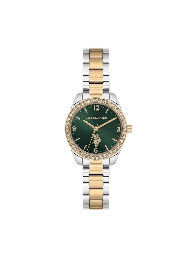 U.S. Polo Assn. Novelties Green Dial Silver Gold Stainless Steel Bracelet Analog Watch for Women 28mm